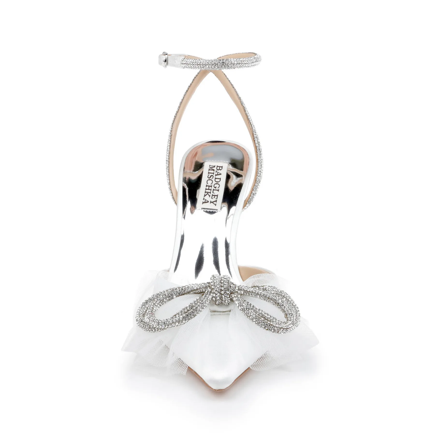 Sacred - Pointed Toe Rhinestone and Tulle Bow Stiletto - White