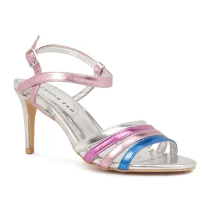 Silver Metallic Ankle Strap Heeled Sandal