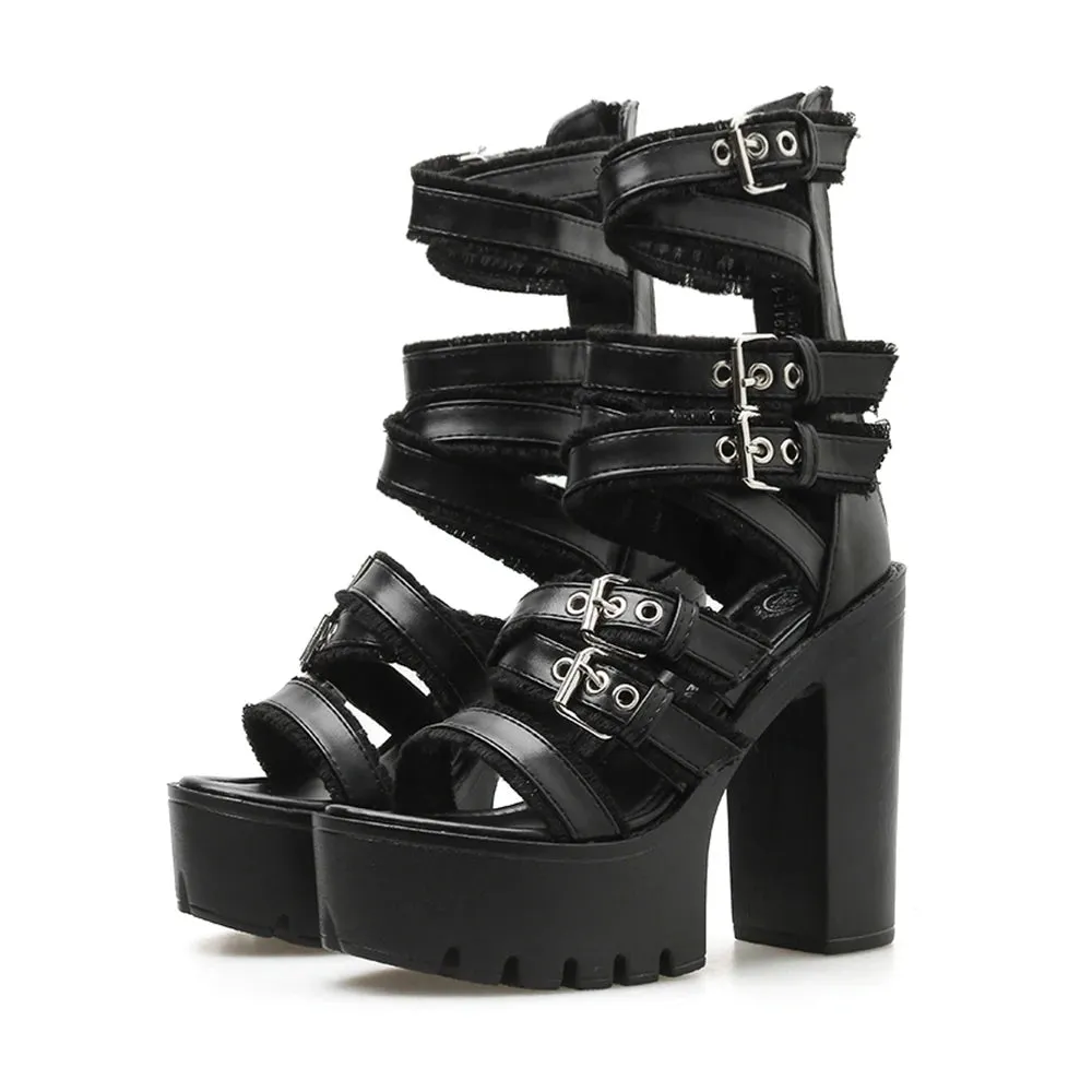 Sohiwoo Women's Black Block Heeled Sandals Open Toe Buckle Strap Platform Pumps Goth Style Back Zipper High Heels Summer Shoes