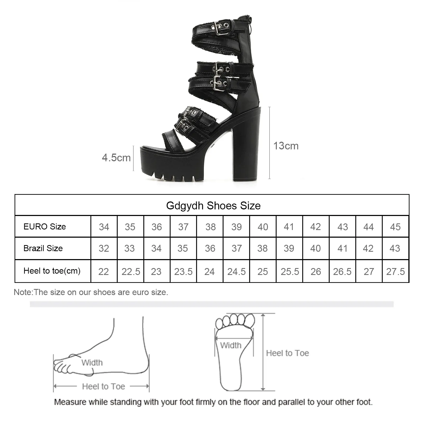 Sohiwoo Women's Black Block Heeled Sandals Open Toe Buckle Strap Platform Pumps Goth Style Back Zipper High Heels Summer Shoes