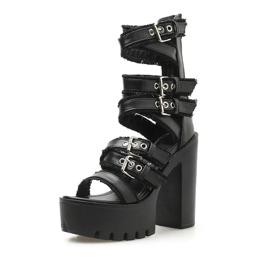 Sohiwoo Women's Black Block Heeled Sandals Open Toe Buckle Strap Platform Pumps Goth Style Back Zipper High Heels Summer Shoes