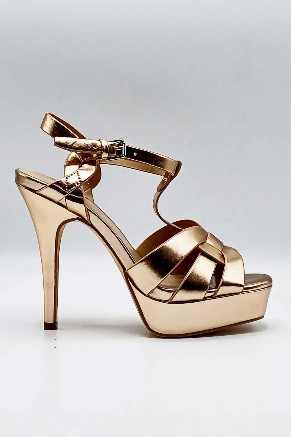 Tani High Platform T-Bar Sandals in Rose Gold