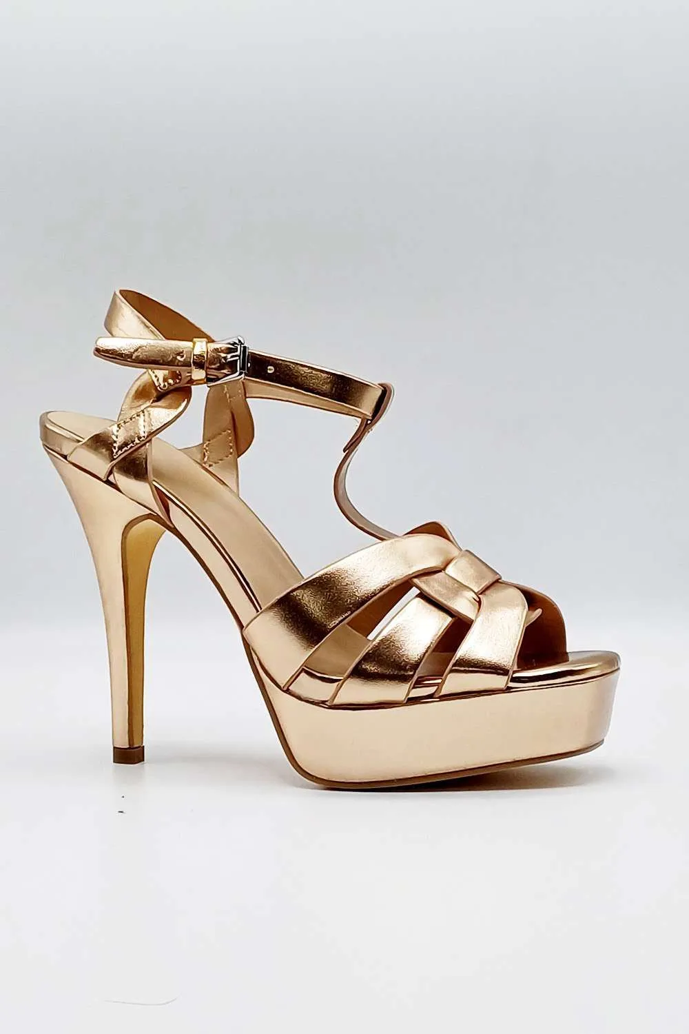 Tani High Platform T-Bar Sandals in Rose Gold