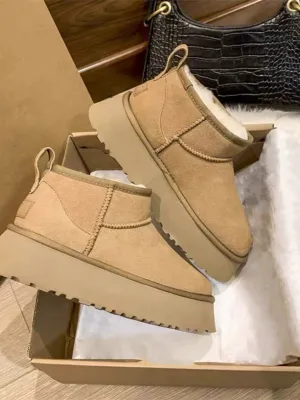 Thick Bottom Short Tube Leather and Fur Integrated Winter plus Velvet Snow Boots