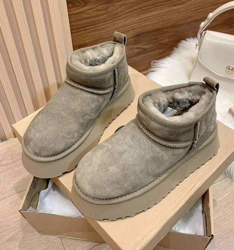 Thick Bottom Short Tube Leather and Fur Integrated Winter plus Velvet Snow Boots