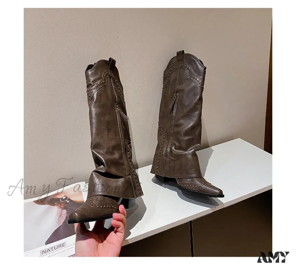 Vintage Pointed V-Cut High Heel Brown Rivet Long Tube Cowboy Rider Shoes
