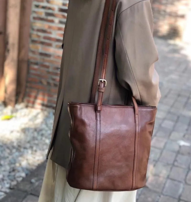 Womens Brown Genuine Leather Tote Handbags Over The Shoulder Purse
