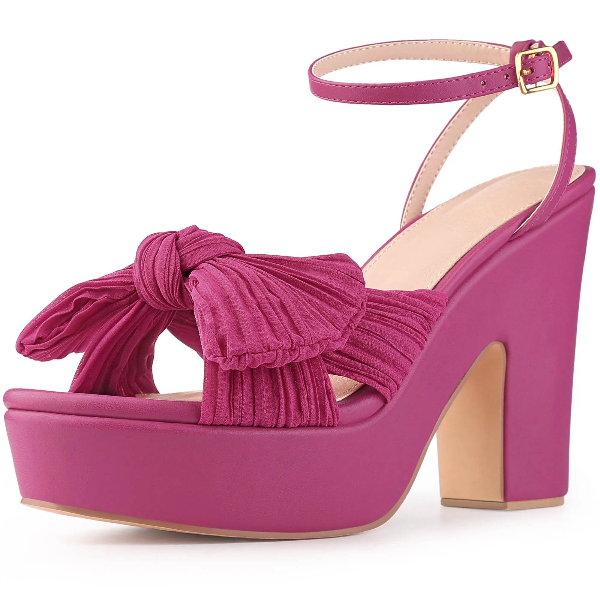 Women's Platform Pleated Bow Slingback Block High Heel Sandals