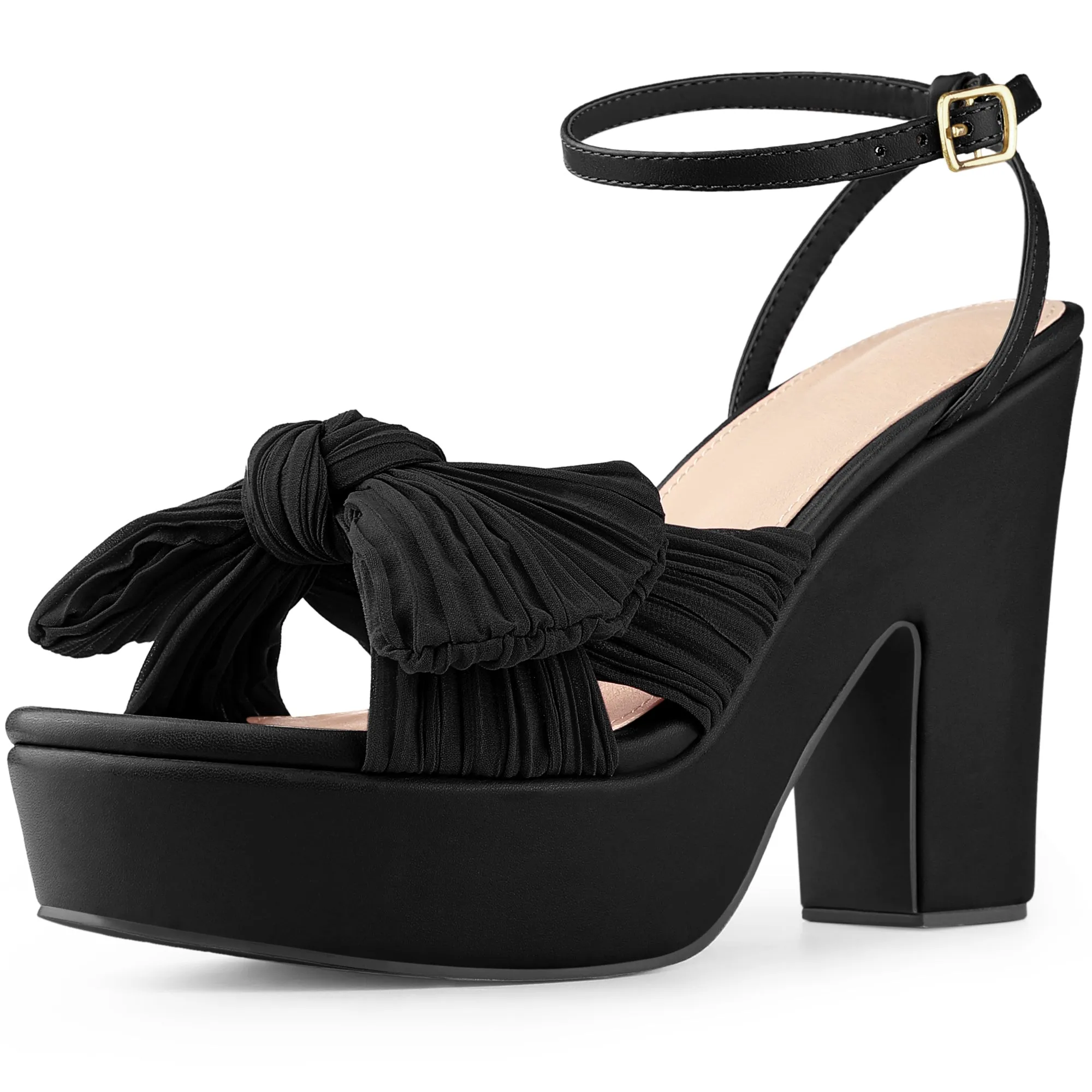 Women's Platform Pleated Bow Slingback Block High Heel Sandals