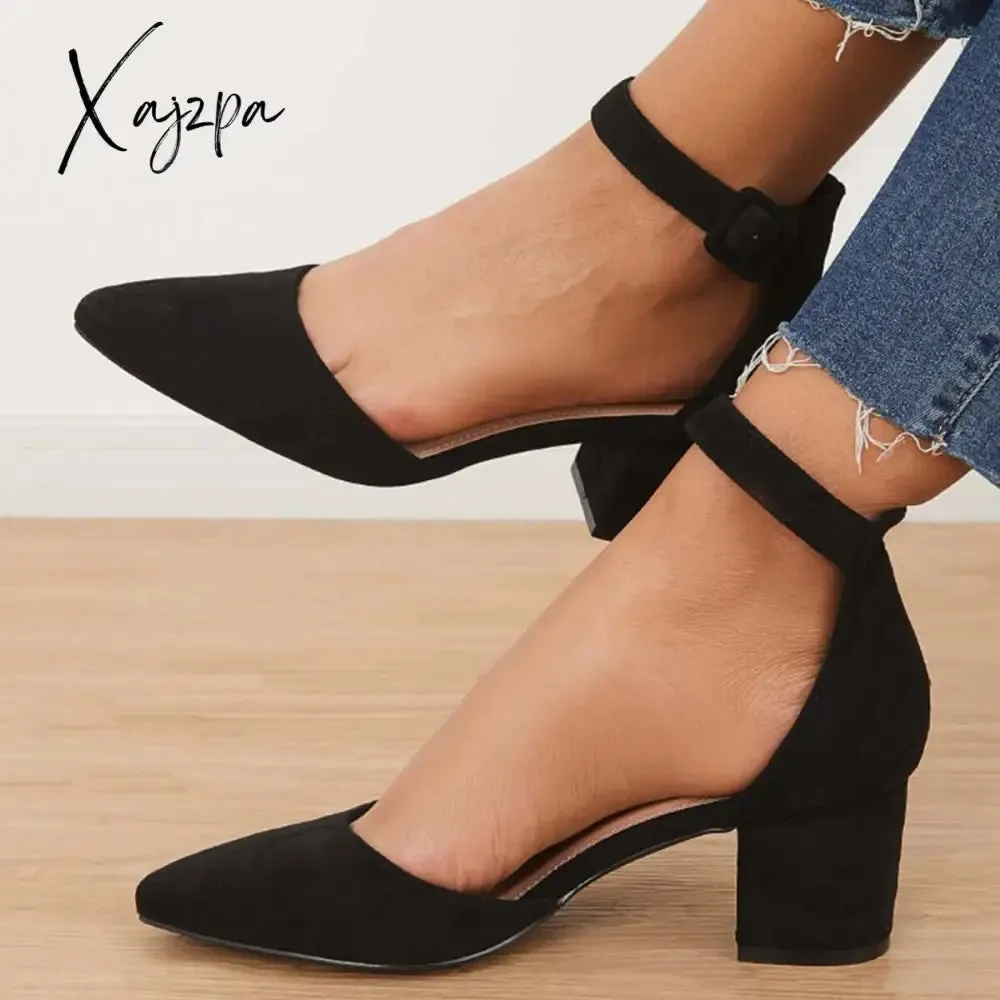 Xajzpa - Pointed Toe Ankle Strap Pumps Chunky Block Heel Dress Shoes