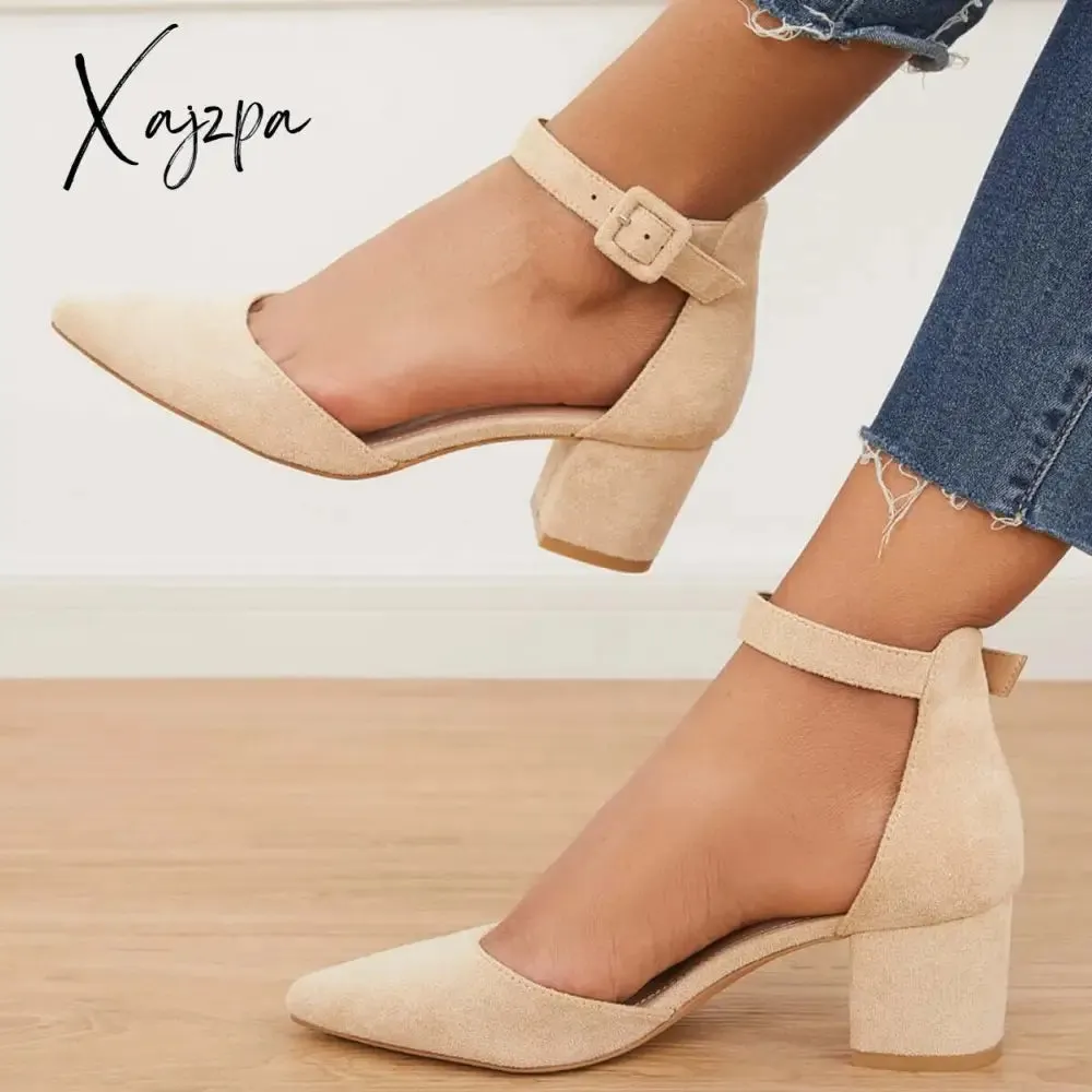 Xajzpa - Pointed Toe Ankle Strap Pumps Chunky Block Heel Dress Shoes