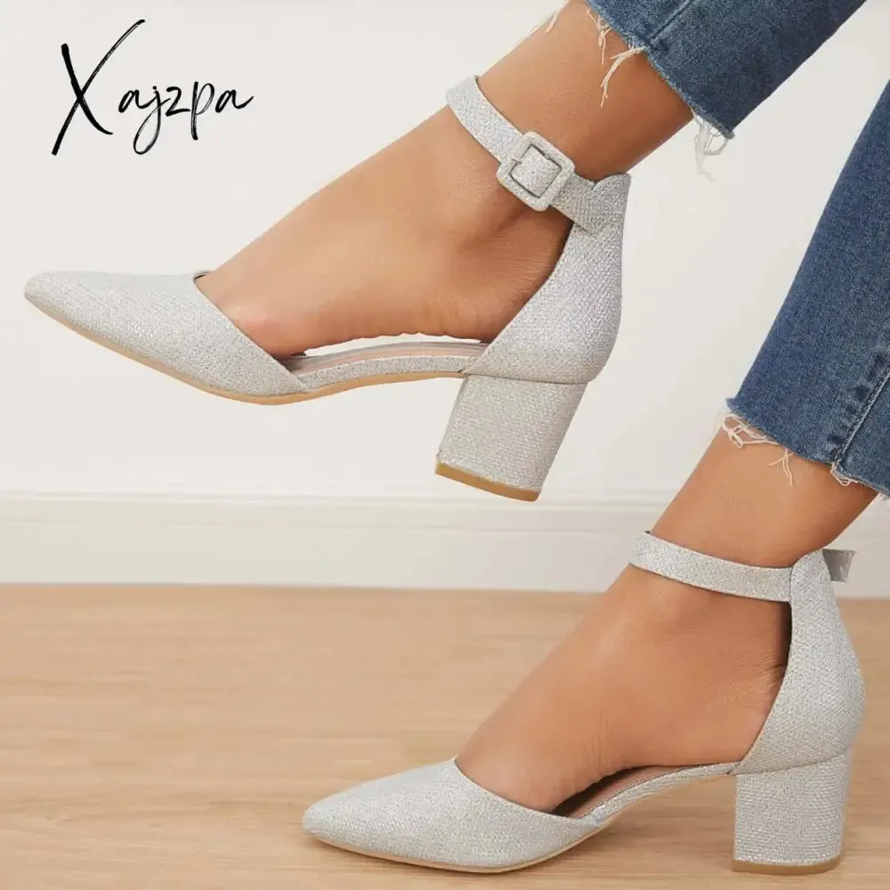 Xajzpa - Pointed Toe Ankle Strap Pumps Chunky Block Heel Dress Shoes