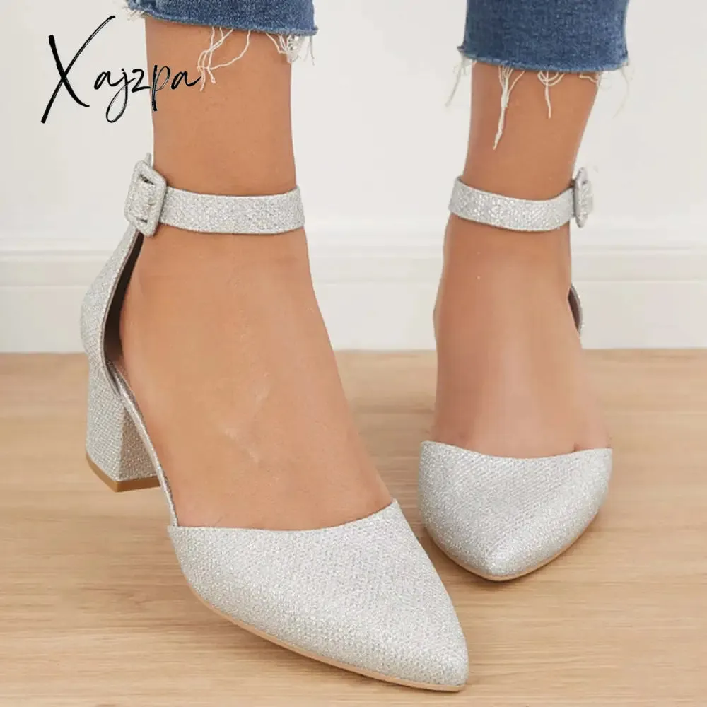 Xajzpa - Pointed Toe Ankle Strap Pumps Chunky Block Heel Dress Shoes
