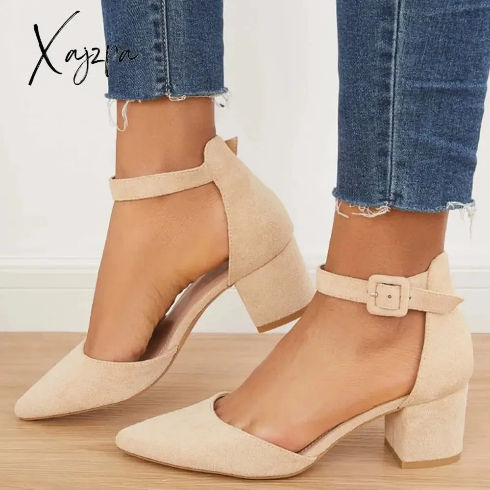 Xajzpa - Pointed Toe Ankle Strap Pumps Chunky Block Heel Dress Shoes