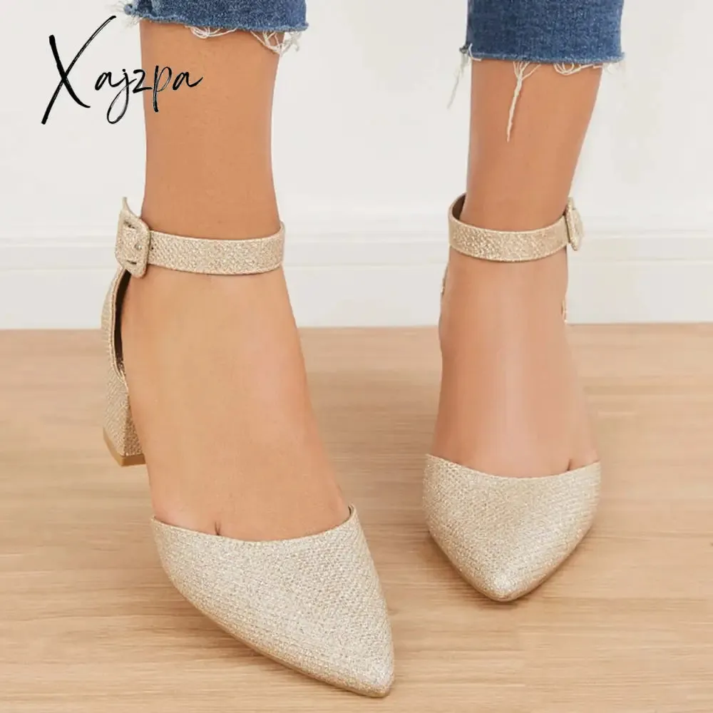 Xajzpa - Pointed Toe Ankle Strap Pumps Chunky Block Heel Dress Shoes