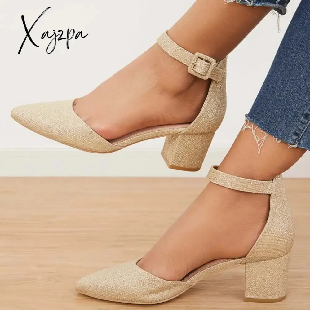 Xajzpa - Pointed Toe Ankle Strap Pumps Chunky Block Heel Dress Shoes
