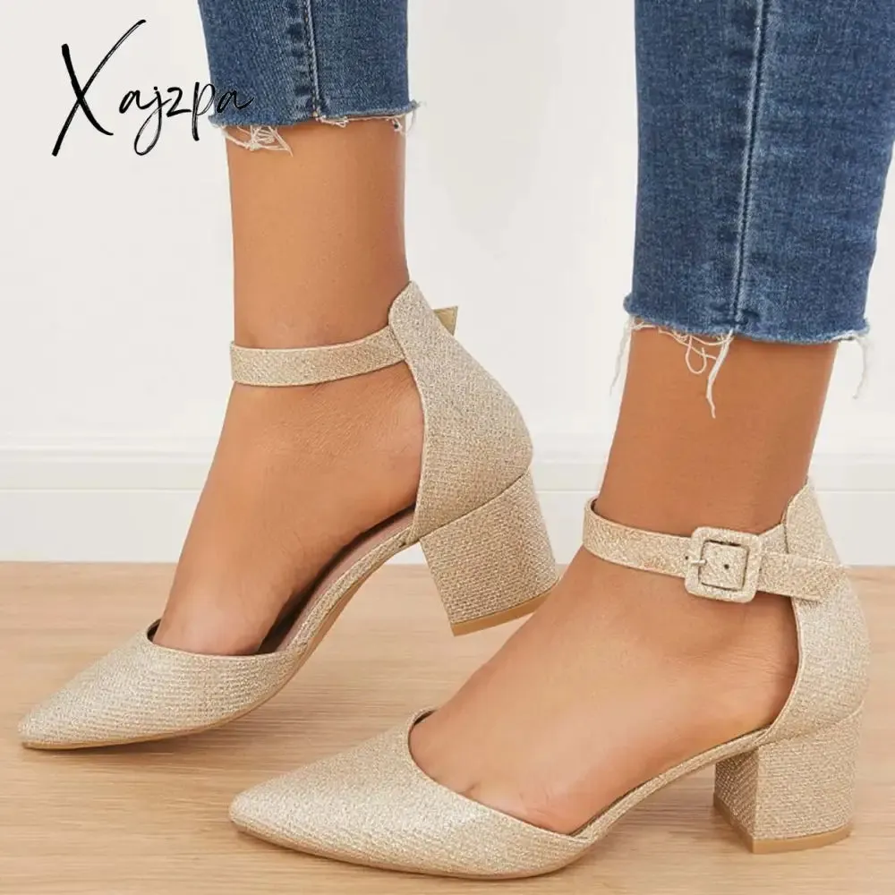 Xajzpa - Pointed Toe Ankle Strap Pumps Chunky Block Heel Dress Shoes