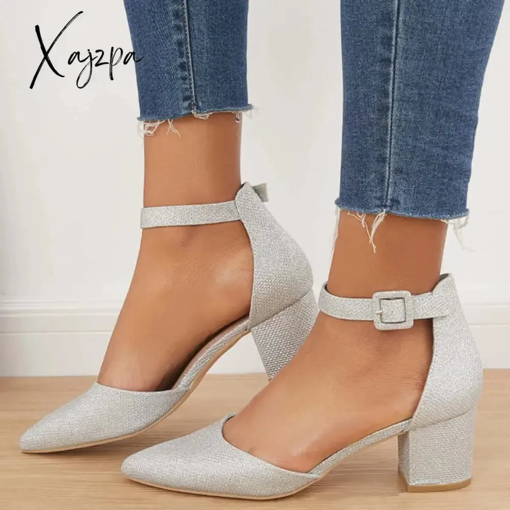 Xajzpa - Pointed Toe Ankle Strap Pumps Chunky Block Heel Dress Shoes