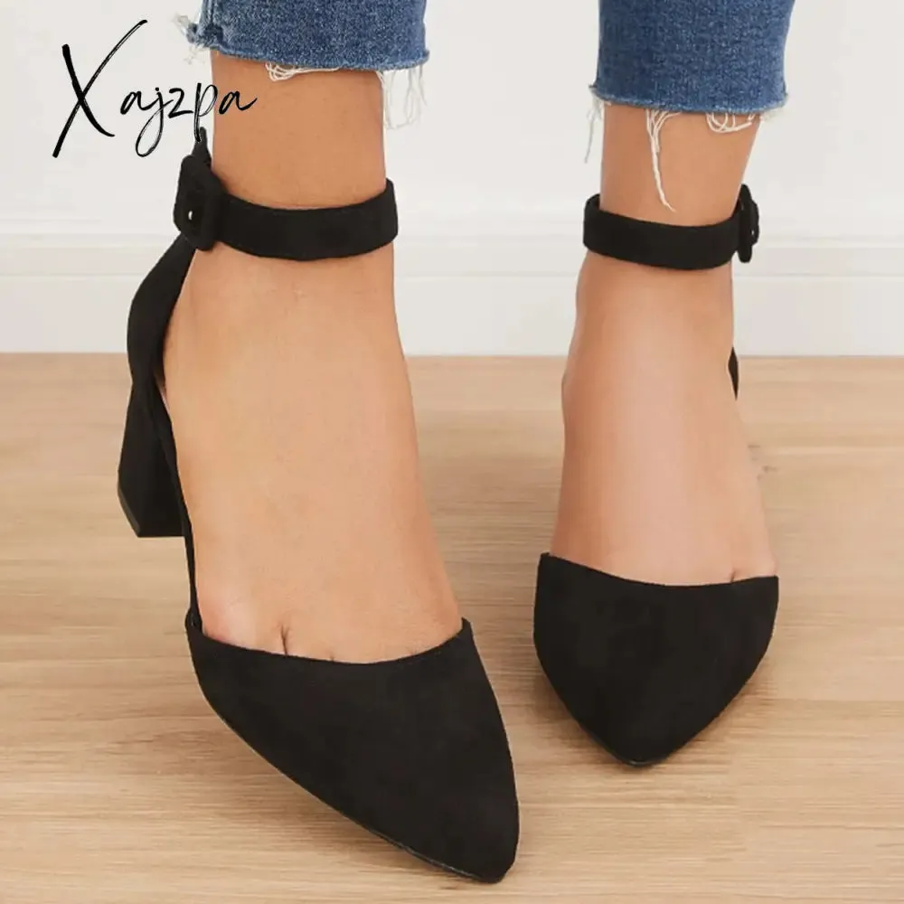 Xajzpa - Pointed Toe Ankle Strap Pumps Chunky Block Heel Dress Shoes