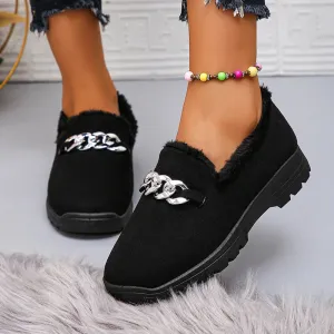 Xajzpa Trend Chain Thick Plush Low Platform Boots Women Winter Wear-Resistant Warm Ankle Boots Female Solid Soft Sole Non Slip Loafers