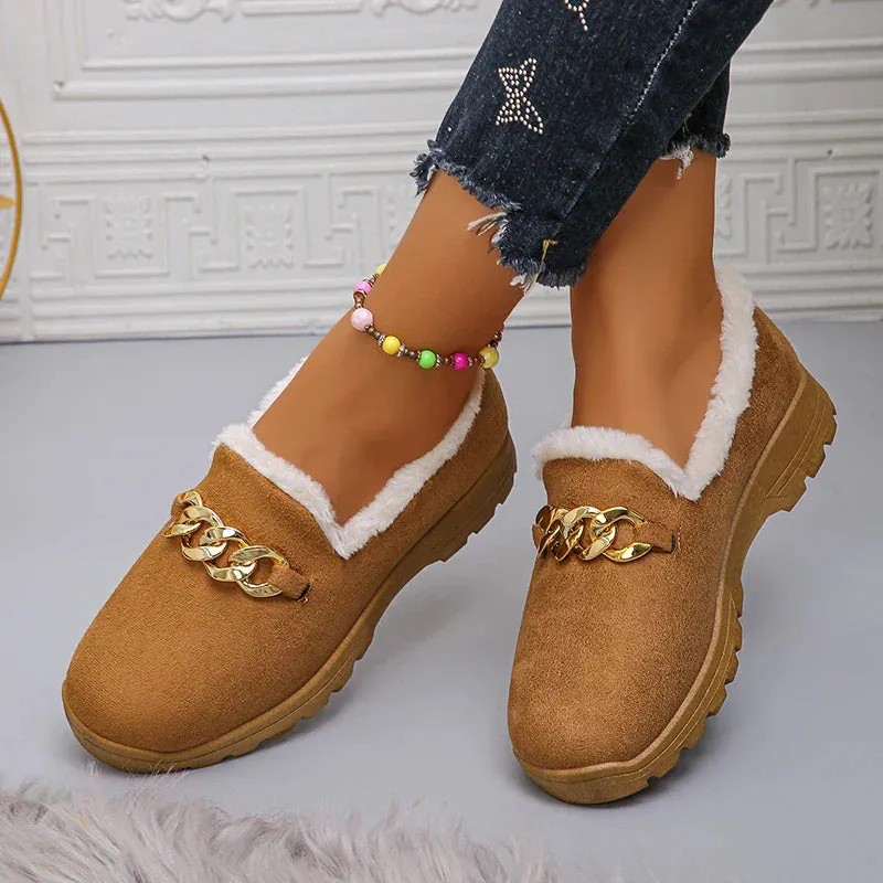 Xajzpa Trend Chain Thick Plush Low Platform Boots Women Winter Wear-Resistant Warm Ankle Boots Female Solid Soft Sole Non Slip Loafers